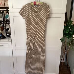 James Perse Sz 1 Striped Ruched Maxi Dress Taupe Stretch